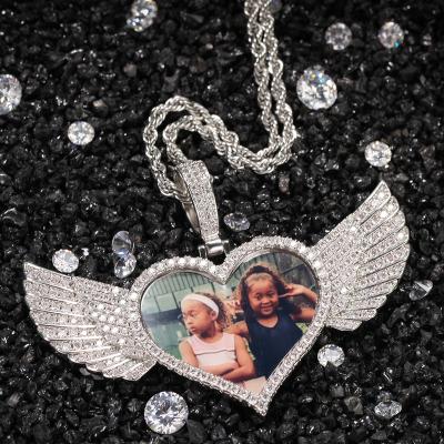 China Hip Hop Hip Hop Copper Inlaid Zircon Love Wings Customized Photo Pendant Necklace Photo Memory Creative Jewelry for sale