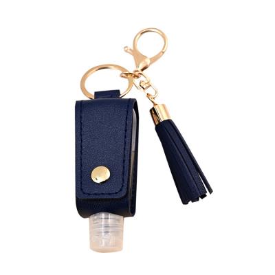 China Popular 30ml Key Chain PU Hand Sanitizer Cover Portable T-Type Leather Alcohol Bottle Holder With Handle for sale