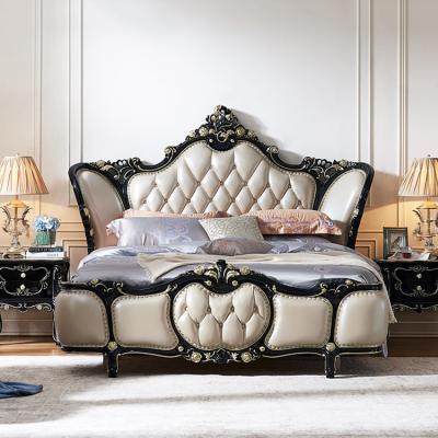 China European Luxury Natural Leather Bed Bedroom Furniture Design Solid Wood Custom Black Bed Available for sale