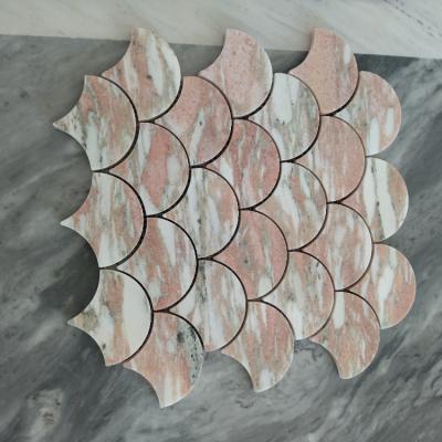 China Parquet Greek Instant Fan Shape Fishscale Shell Porcelain Wall Slab Pearl Ceramic Mosaic for sale