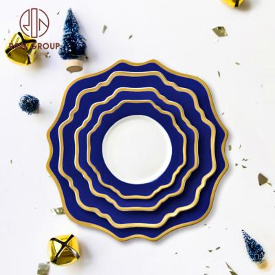 China Viable Wedding Charger Special Gold Rim Vintage Design Royal Blue Ceramic Dish for sale