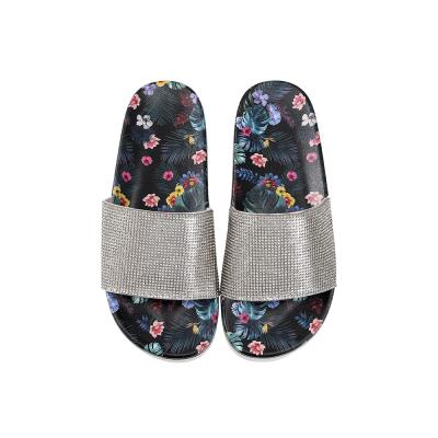 China 2022 Best Selling Summer Fashion Color Print Anti-Slippery Rhinestones With Flat Bottom Sandals Flower Slippers For Women for sale