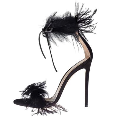 China Fashion Trend Feather High Heel Sandal Black Stiletto Women Party Shoes Sandals for sale