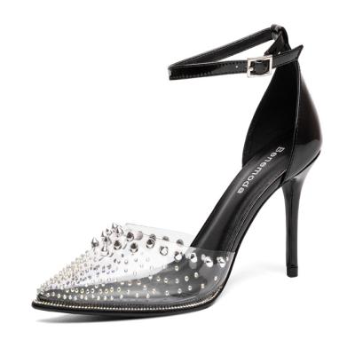 China Hard-Wearing chengdu hoslasen shoes black leather clear pvc with rivets and rhinestones pointed toe 9cm heel pumps for women for sale