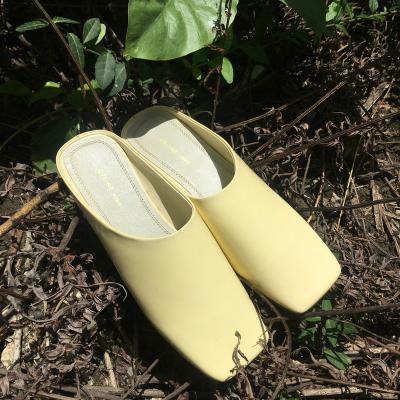 China Durable Shinny Yellow PU Closed-toe Short Heel Casual Sandal Women Flat Slippers for sale