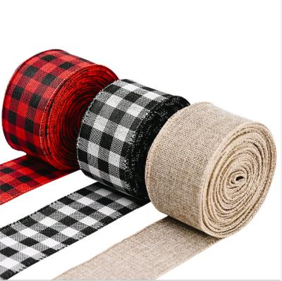 China 5cm Christmas Gift Wrapping Ribbon Wide Burlap Black And Red Plaid Cable Ribbon For Wrapping for sale