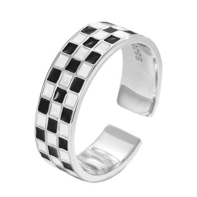 China 925 Sterling Silver Ring Checkered Ring Fashion Temperament Trendy Personality Women's Ring Adjustable Jewelry for sale