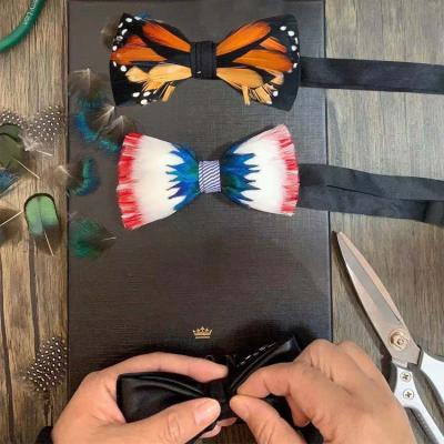 China 2020 striped bow tie handmade custom natural taste studio feather bow tie material with gift box for sale