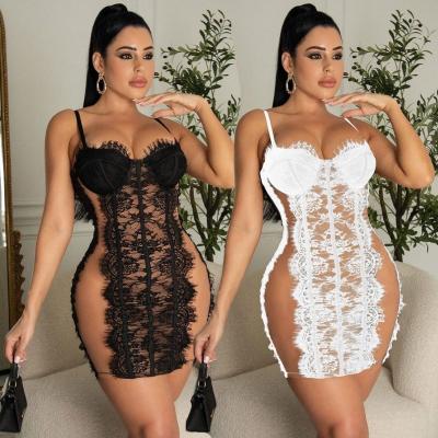 China New Arrival Breathable Suspender See Through Sexy Mesh Splicing Mini Dresses Lace Dress Women Club Party Wear With Breast Pad for sale