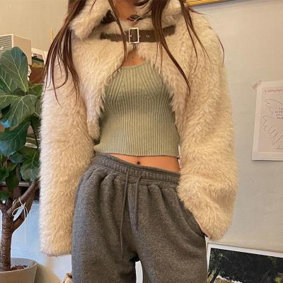 China 2022 fashion women's short coat shawl girl's coats plush style solid color lapel belt breathable punk soft buckle cardigan for sale