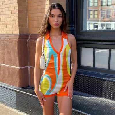 China 2022 Summer Breathable One Piece Short Jumpsuit Patchwork Collar Button Overalls Rainbow Print Fitness Sleeveless Turndown Rompers for sale