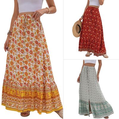 China 2022 Summer Women's Breasted Elastic Drawstring Breathable High Waist Floral Print Casual Dresses Split Long Skirt For Women for sale