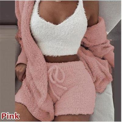 China Sexy Winter QUICK DRY Clothing 3 Piece Set Women Sleep Wear Women Pajama Fleece Shorts Set 2021 for sale