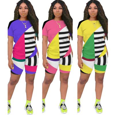 China Breathable 2022 Geometric Stripe 2 Piece Biker Shorts Sets Oversized Casual O Neck Short Sleeve Plus Size Women Wears Custom Logo Outfits for sale