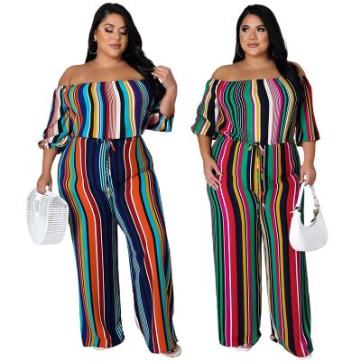 China New 2022 Breathable Sexy Off Shoulder Striped Overalls Loose Colorful Print Elegant Plus Size Wide Leg Jumpsuit Women Causal Rompers for sale