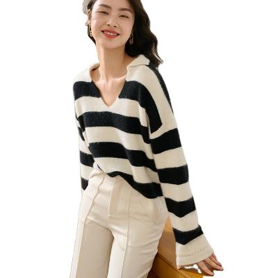 China 2021 new wool cashmere V-neck leisure striped anti-pilling loose sweater ladies for sale