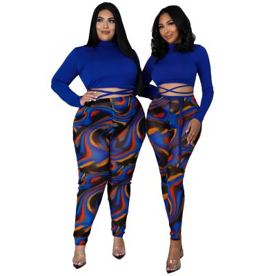 China PSS2243 Sustainable Hot Selling Amazon Long Sleeve Matching Mesh Blue Plus Size Pants And Top 2 Piece Set Women for sale