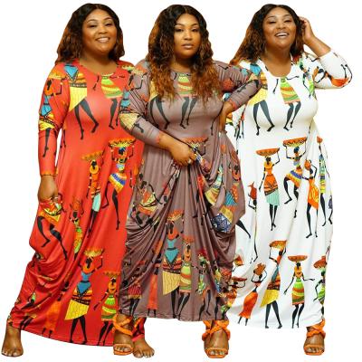 China Sustainable High Quality Cute Printing Ladies PSD2370 Plus Size Clothing Woman Maxi Dresses With Pockets for sale