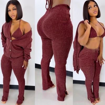 China PSS2241 Sustainable Hot Selling Amazon Cotton Split Three Piece Plus Size Women Clothing Pants Set for sale