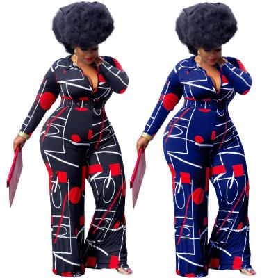 China Wholesale PSWJ2149 Loose Viable Printed Plus Size Casual Belt V-Neck Leg Wide Leg Romper Women Overalls for sale