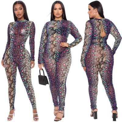 China PSWJ2120 Amazon Viable Hot Selling See Through Print Snake Clubwear Plus Size Women Rompers Jumpsuits for sale