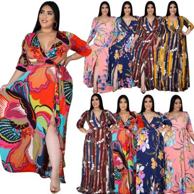 China Floral Women Maxi Dress Size 4xl 5xl 6xl 7xl Over Half Slit PSD2429 Wholesale Bulk Viable High Sleeve Slit for sale