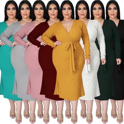 China PSD2428 Amazone Long Sleeve Viable V-Neckline Success Rib Knit Elegant Plus Size Dress Women Clothing for sale