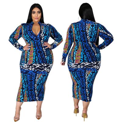 China Fast Shipping PSD2025 Anti-Static Plus Size Block Print Elegant Blue Slim Long Sleeve Women's Midi Dresses for sale