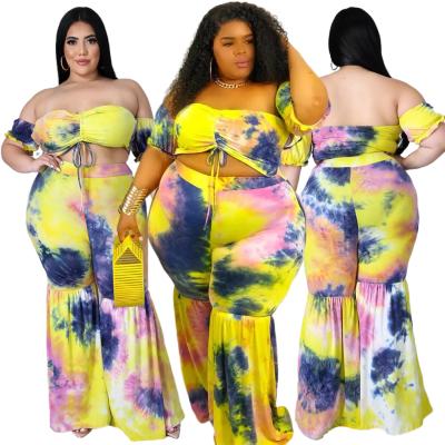 China new fashion Anti-wrinkle PSS2007 plus size women tie dye crop top strapless drawstring rocket pants two-piece set for sale