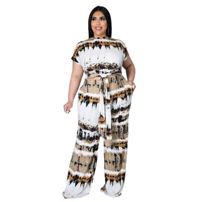 China Anti-wrinkle PSS2005 OEM Accept Plus Size Crop Tops Luxury Tie Up Women Print Wide Leg Pants Two Piece Set for sale