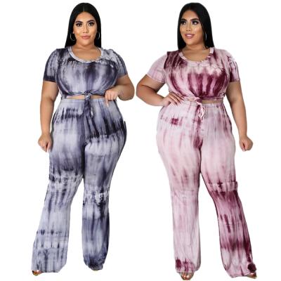 China Anti-Wrinkle PSS2032 OEM Accept Casual Plus Size Flare Tie Dye Long Women 2 Piece Crop Tops And Pants Sets for sale