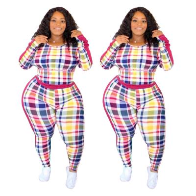 China Anti-wrinkle PSS2040 fast delivery long sleeve straight plaid printed plus size two piece sets shirt and panty set for sale