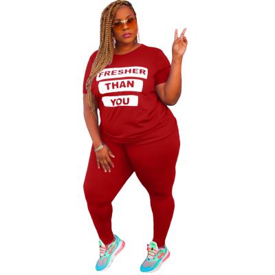 China PSS2065 High Quality Red Plus Size Summer T-shirt Women 2021 2 Piece Set Outfits Pants for sale