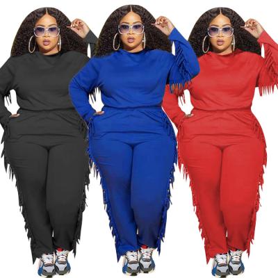 China OEM PSS2130 Viable Accept Custom Logo Blue Hoodie Plus Size Casual Tassel Two Piece Pants Sets Women for sale