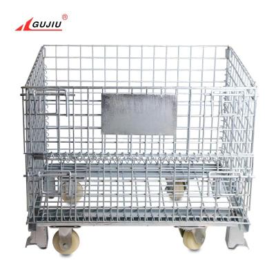 China Logistics Transportation Industrial Bulk Roll Stacking Container Galvanized Metal Wire Mesh China Foldable Durable Storage Cages With Wheels for sale