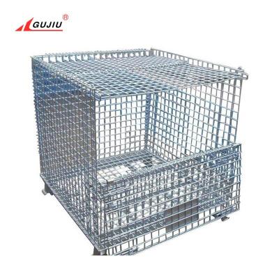 China Logistics Transport Storing Collapsible Stackable Storage Galvanized Steel Metal Goods Storage Bins Collapsible Pallet Steel Wire Crate With Lids for sale