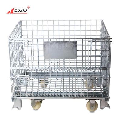 China Sale Metal Viable Industrial Metal Rolling Basket Folding Bulk Wire Warehouse Locking Steel Storage Box With Wheels for sale