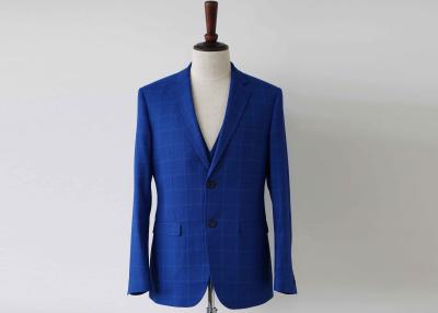 China Men Navy Blue Check Suit / Plaid Suit 60% Polyester 40% Rayon Fabric Flat Collar for sale