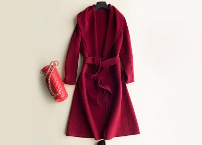 China Windproof Red Ankle Length Wool Coat Handmade Plain Dyed With Waist Belt for sale