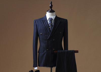 China Custom Woolen Navy Blue Fitted Suit / Skinny Suit Stripe Double Breasted 2 Buttons for sale