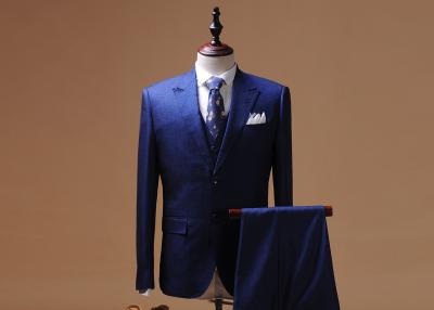 China Three Piece Royal Mens Blue Suit Peak Lapel Two Button Woolen Fabric Business Style for sale