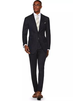 China Pure Wool Mens Tuxedo Suits with 2 - Button Single Breasted Navy Blue Stripe for sale