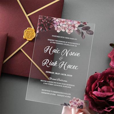 China Modern Elegant Transparent Elegant Western Floral Pattern Acrylic Bride and Groom Invitations for sale