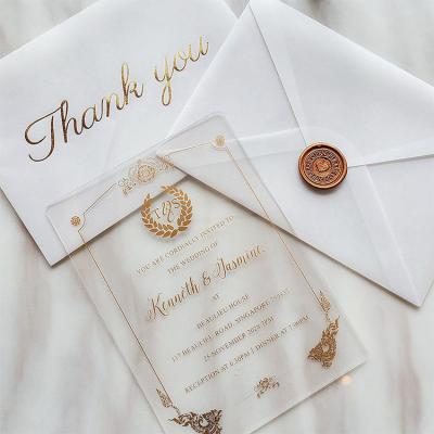 China Elegant Luxury Royal Gold Engraved Mirror Clear Acrylic Wedding Invitations for sale