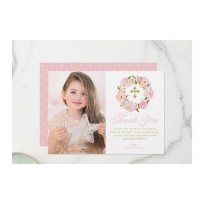 China Europe High Quality Holy Communion Matte Blush Pink Peonies Wreath Thank You Card for sale