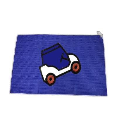 China Water Absorption Golf Towel For Golf Bags With Clip Loop Microfiber Waffle Pattern Golf Towel Triple Blue Custom Logo Towel for sale