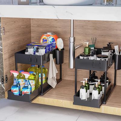 China New 2-Tier Space Saving Viable Under Sink Shelf Organizer With Hooks For Kitchen Bathroom Cabinet Storage Drawer for sale