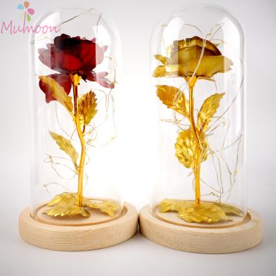 China Beautiful Colored Glass Rose Hot Sale 24K Gold Foil Rose Flower Gold Foil Forever Rose Flower With Led Lights in Glass Dome for valentines day for sale