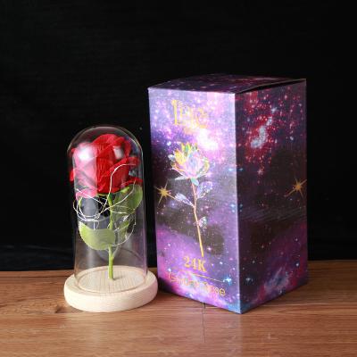 China Multi-colored natural touch beauties and beast red roses on a glass dome on a wooden base, used for Valentine's Day gifts LED mounted lights for sale