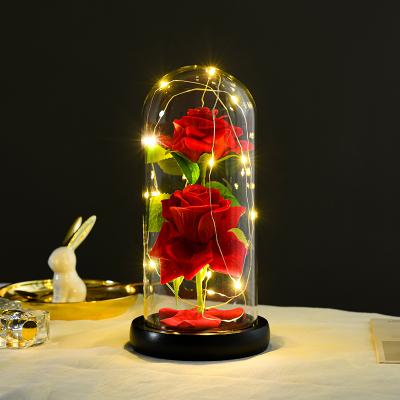 China Colorful Artificial Flower Rose Gift Led Light String Decoration Indor New Lasts Forever In Glass Dome For Birthday Wedding Mother's Rose Glass for sale